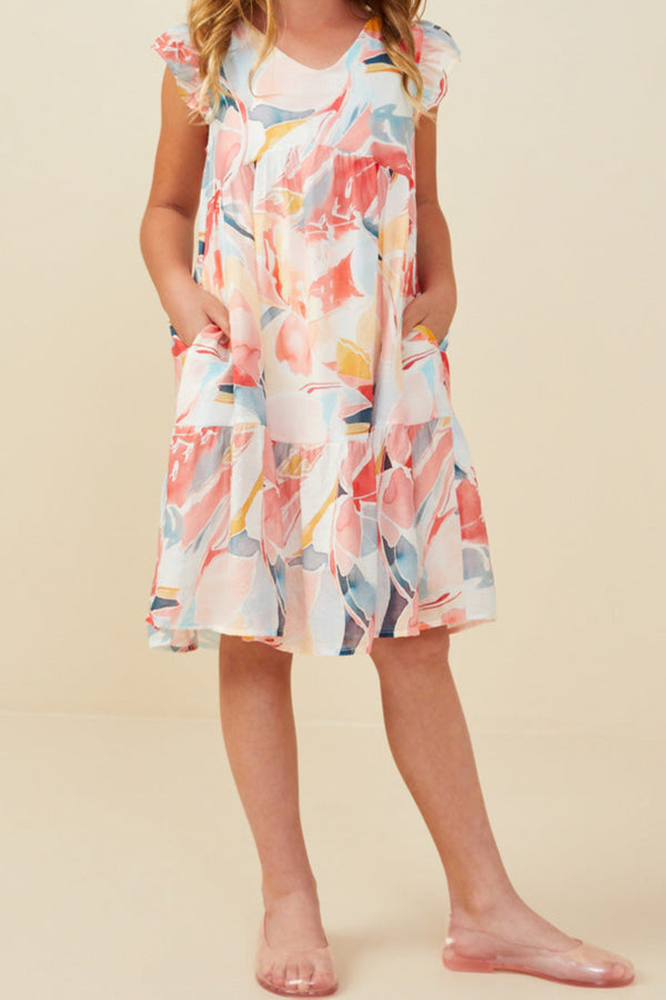 Large Floral Print V Neck Ruffle Sleeve Dress