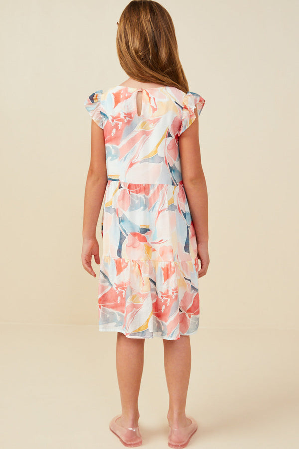 Large Floral Print V Neck Ruffle Sleeve Dress