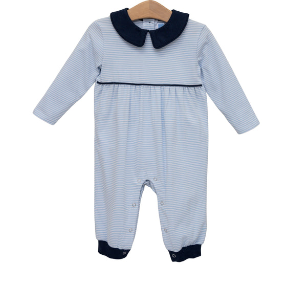 Gabriel Romper- Light Blue Stripe/Navy Romper