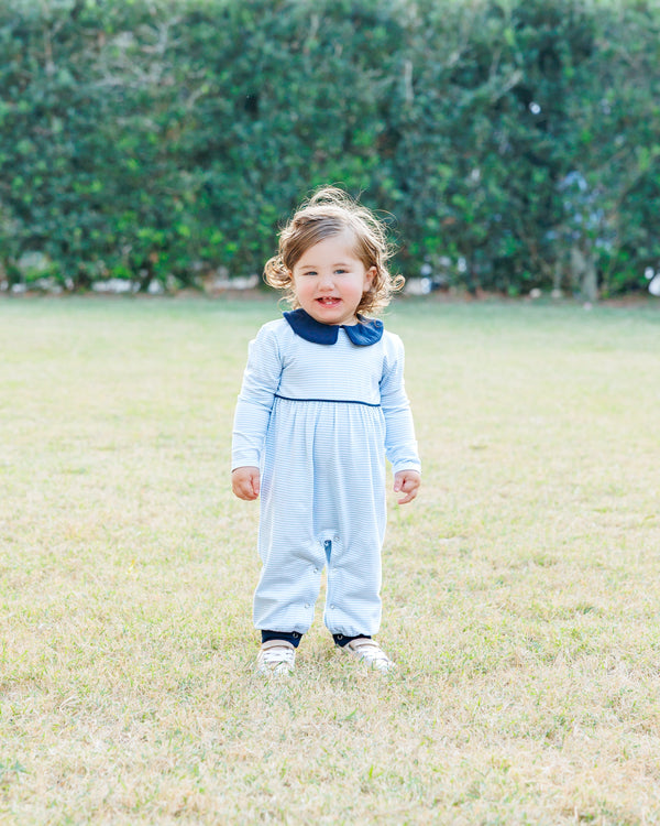 Gabriel Romper- Light Blue Stripe/Navy Romper