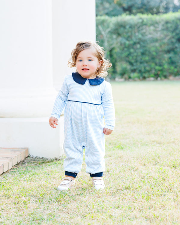 Gabriel Romper- Light Blue Stripe/Navy Romper