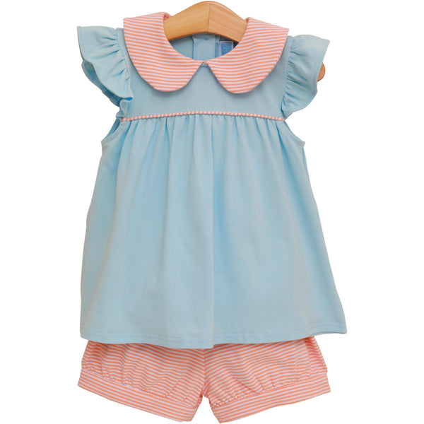 Genevieve Banded Short Set- Coral Stripe/Light Blue