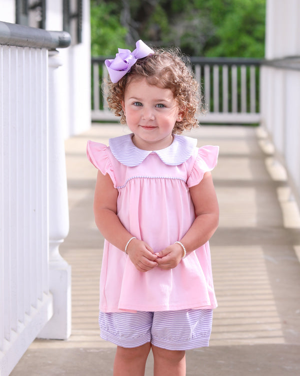 Genevieve Banded Short Set- Lavender Stripe/Light Pink
