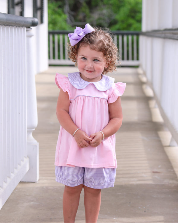 Genevieve Banded Short Set- Lavender Stripe/Light Pink