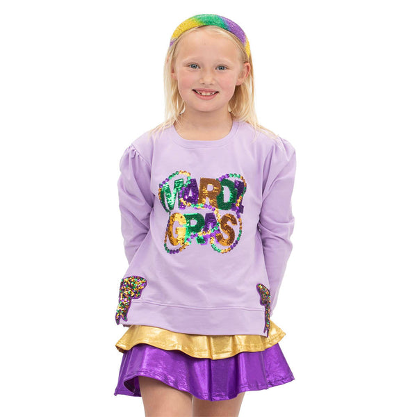 Mardi Gras Beads & Bow Sequin Holly Shirt