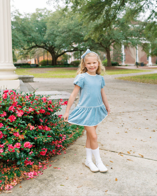 Harper Dress- Beaufort Blue Velvet, Winter White Velvet