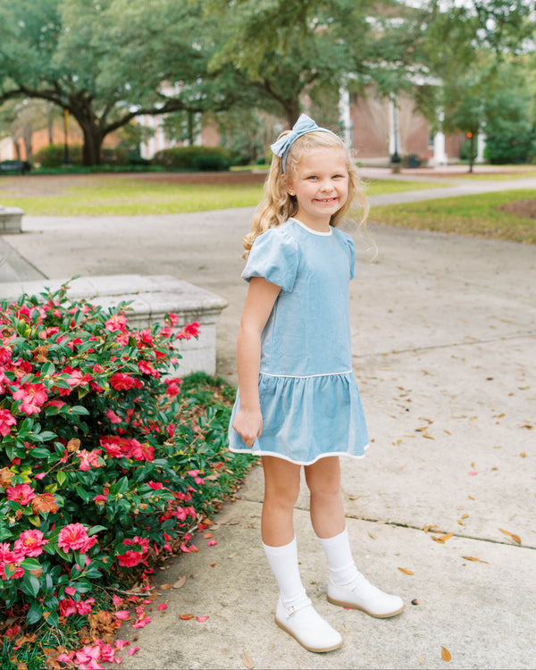 Harper Dress- Beaufort Blue Velvet, Winter White Velvet