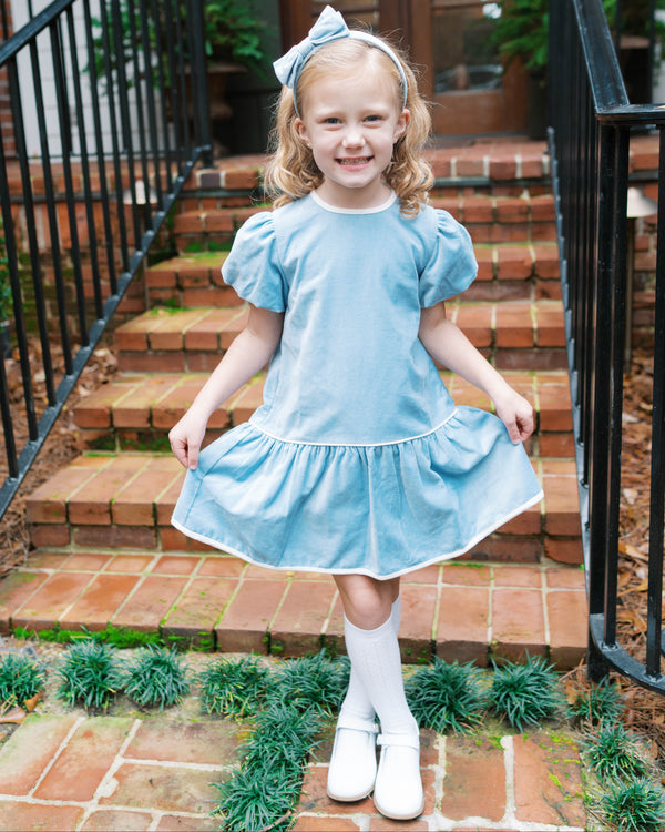 Harper Dress- Beaufort Blue Velvet, Winter White Velvet
