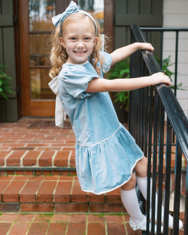 Harper Dress- Beaufort Blue Velvet, Winter White Velvet