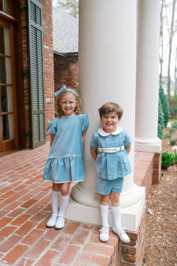 Harper Dress- Beaufort Blue Velvet, Winter White Velvet