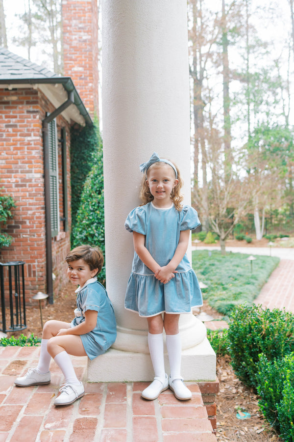 Harper Dress- Beaufort Blue Velvet, Winter White Velvet