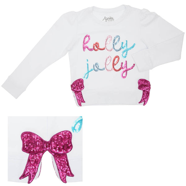 Sequin Holly Jolly White Holly Sweatshirt- Hot Pink Bows