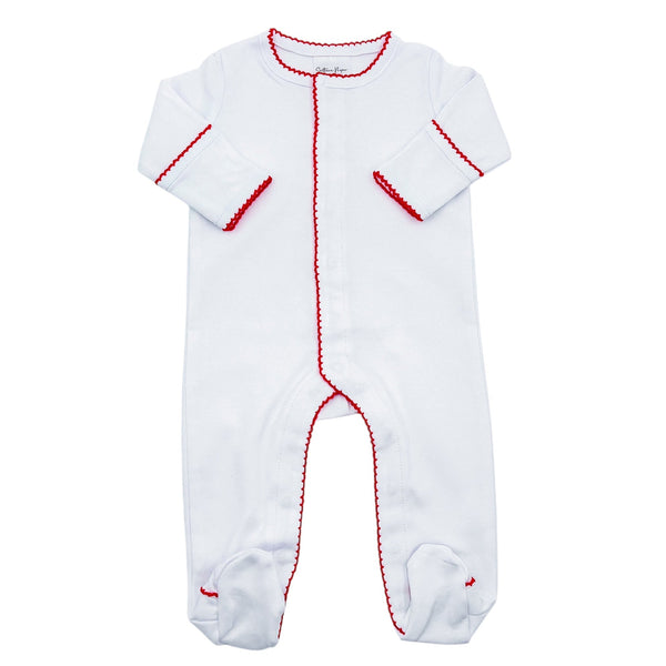 Picot Trim Footie- White W/ Red