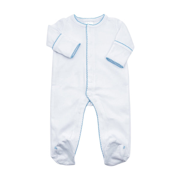 Picot Trim Footie- White W/ Blue