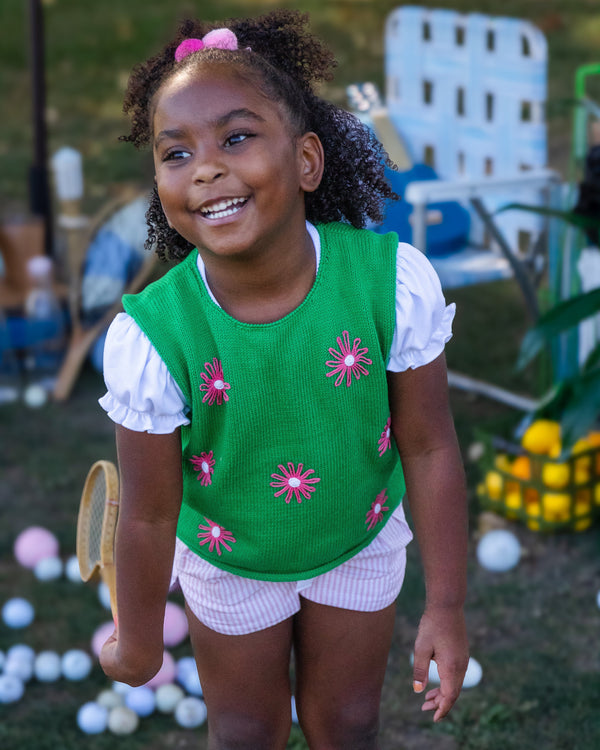 Pink Daisies Sleeveless Pullover- Green