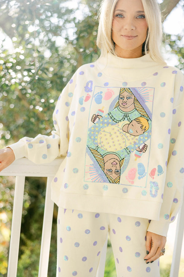 Beige & Lavender Polka Dot QOS Mama Card Logo Sweatshirt- (Women's)