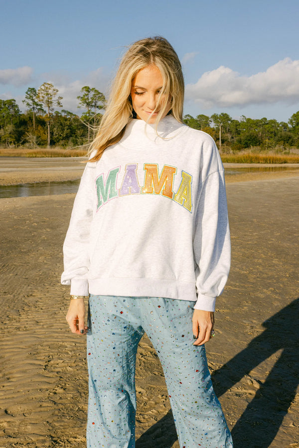 Grey Multi 'Mama' Mock Neck Sweatshirt- (Women's)