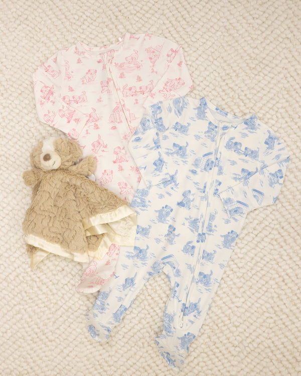 Puppy Toile Blue 2 Way Zipper Footie