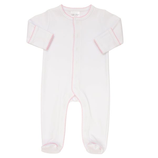 Picot Trim Footie- White W/ Pink