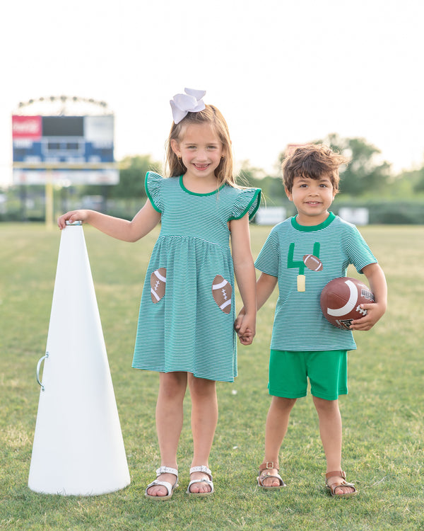 Let's Cheer! Football Pocket Dress- Green Stripe