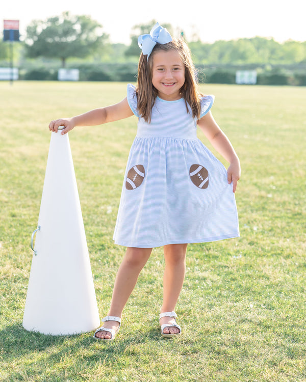 Let's Cheer! Football Pocket Dress- Light Blue Stripe