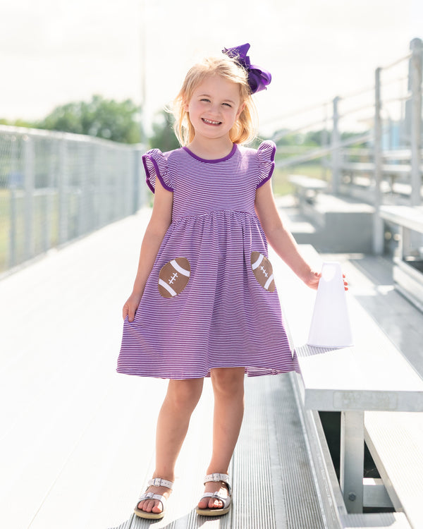 Let's Cheer! Football Pocket Dress- Purple Stripe