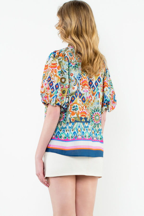 Puff Sleeve Floral Tassel Tie Top- Cream