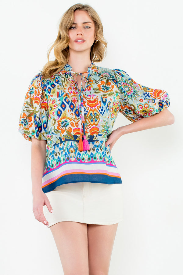 Puff Sleeve Floral Tassel Tie Top- Cream