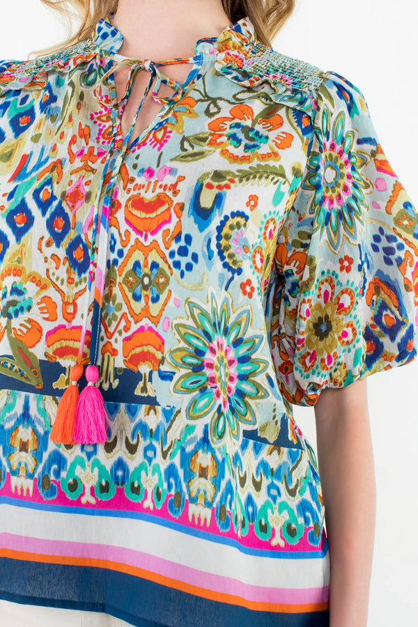 Puff Sleeve Floral Tassel Tie Top- Cream