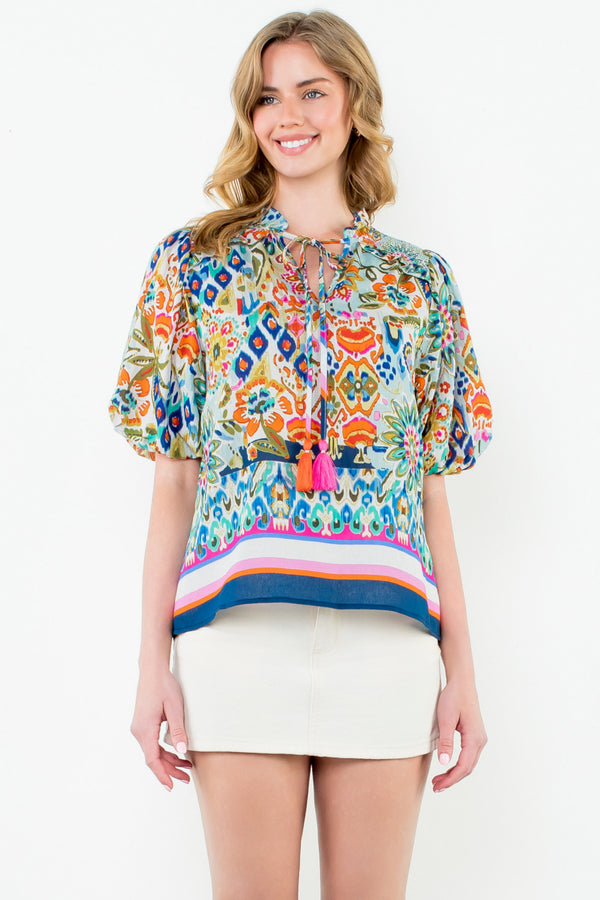Puff Sleeve Floral Tassel Tie Top- Cream