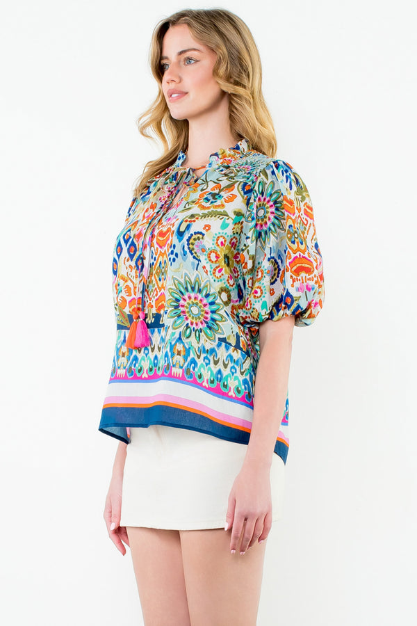 Puff Sleeve Floral Tassel Tie Top- Cream