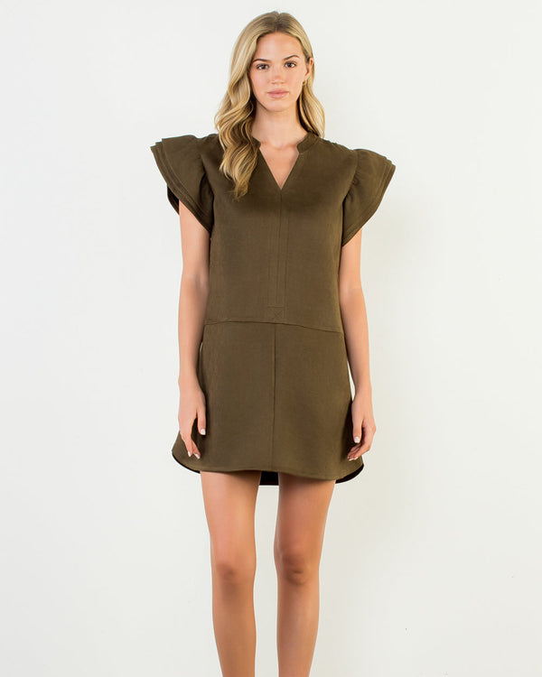 Flutter Sleeve Suede Dress- Olive