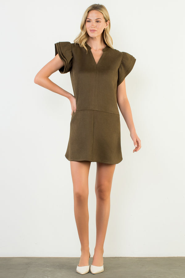 Flutter Sleeve Suede Dress- Olive
