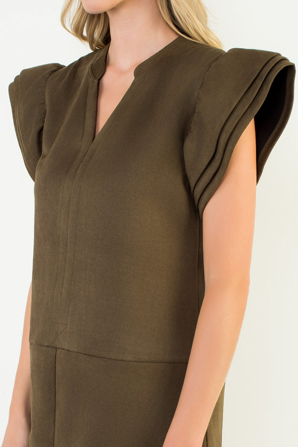 Flutter Sleeve Suede Dress- Olive