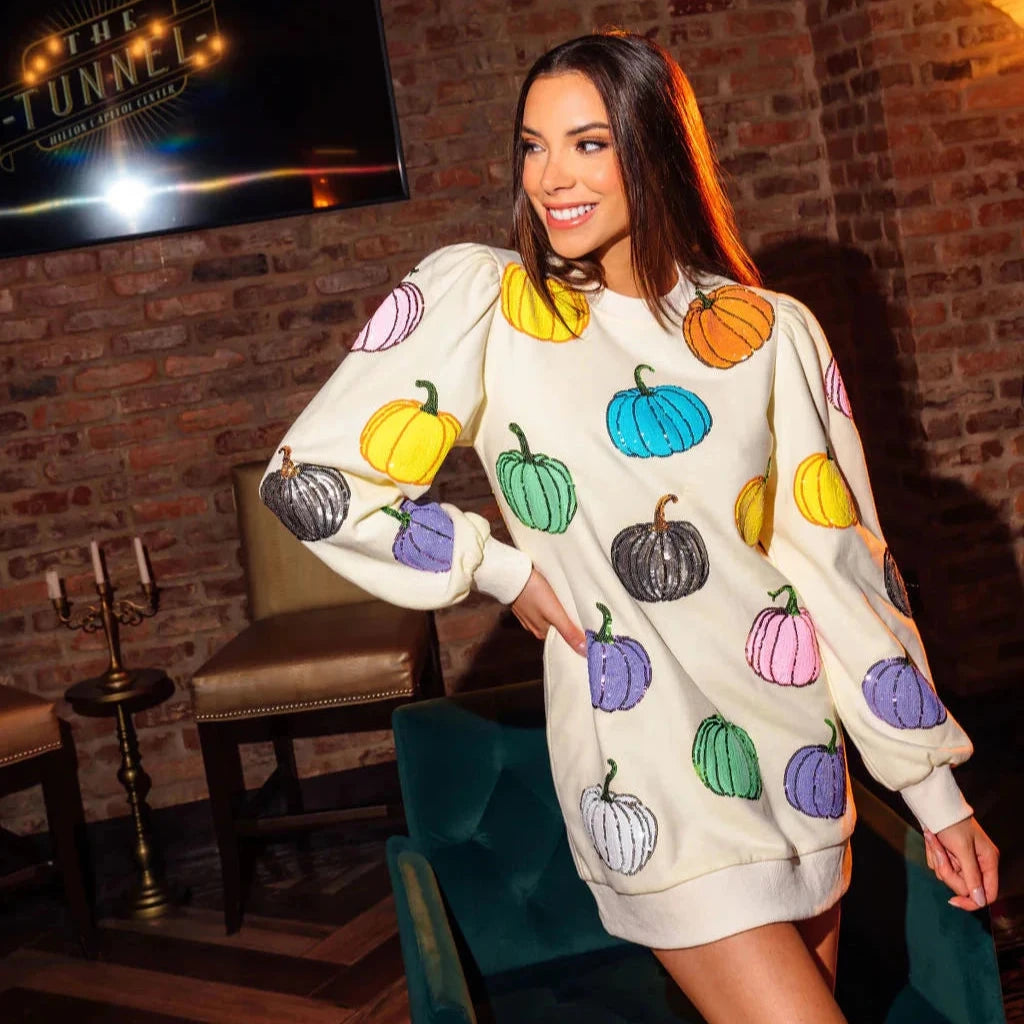 Beige Multi Pumpkin Sweatshirt Dress- Women's Adult Extra Small Beige Multi Pumpkin Sweatshirt Dress- Women's Adult Extra Small