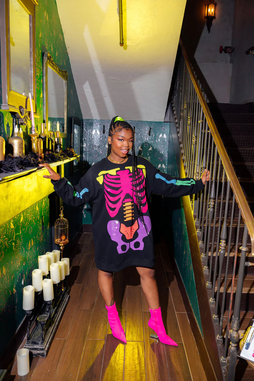 Black Rainbow Skeleton Sweatshirt Dress Women s Smock Candy