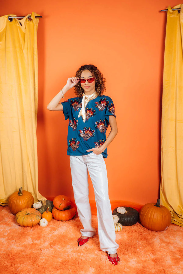Dark Blue Beaded Turkey All Over Tee- Women's