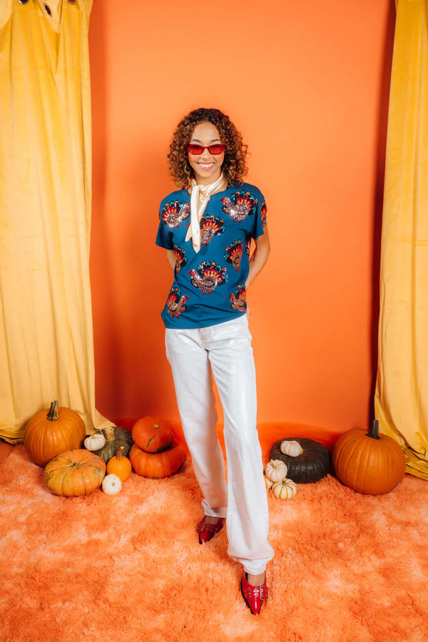 Dark Blue Beaded Turkey All Over Tee- Women's