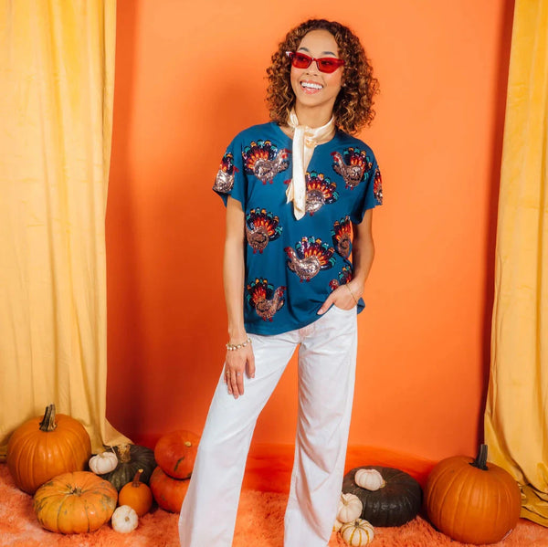 Dark Blue Beaded Turkey All Over Tee- Women's