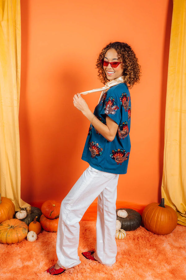Dark Blue Beaded Turkey All Over Tee- Women's
