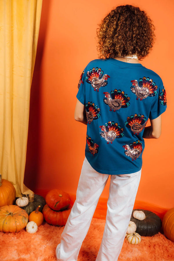 Dark Blue Beaded Turkey All Over Tee- Women's