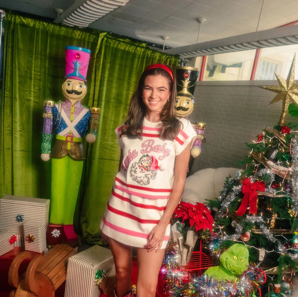 Red, Pink & White Stripe 'Santa Baby' Fuzzy Santa Top- Women's