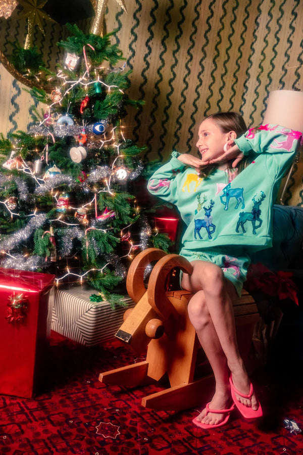 Mint Green Sweatshirt With Velvet Reindeers & Bows