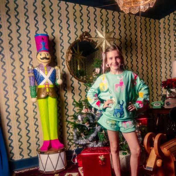 Mint Green Sweatshirt With Velvet Reindeers & Bows