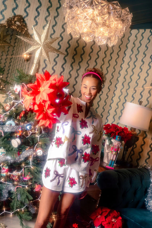 White Multi Bows & Poinsettia Sweatshirt- Women's
