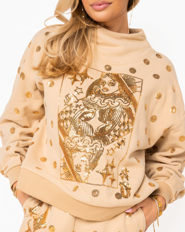 Tan & Gold Polka Dot QOS Card Mock Neck Sweatshirt- (Women's)