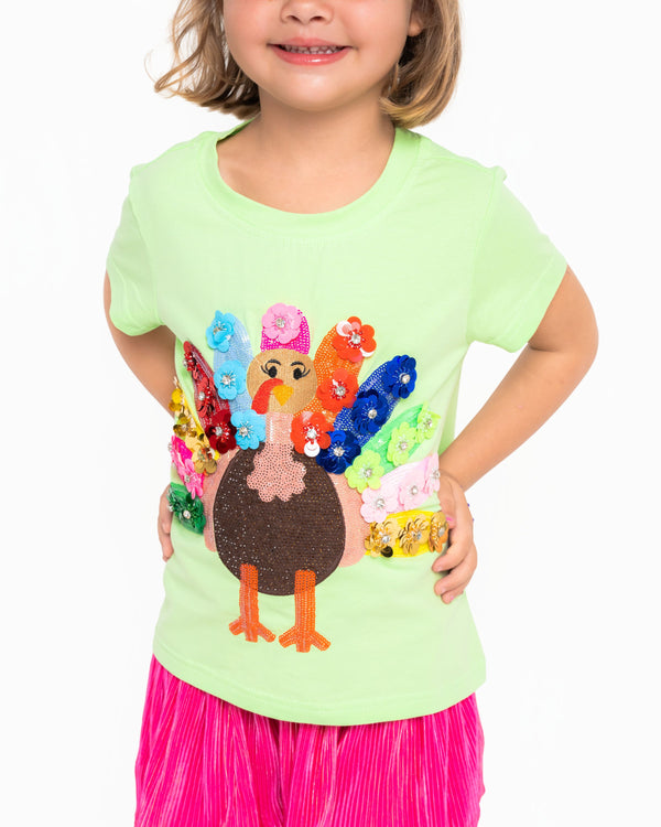 Rainbow Sequin Flower Turkey Tee- Mint