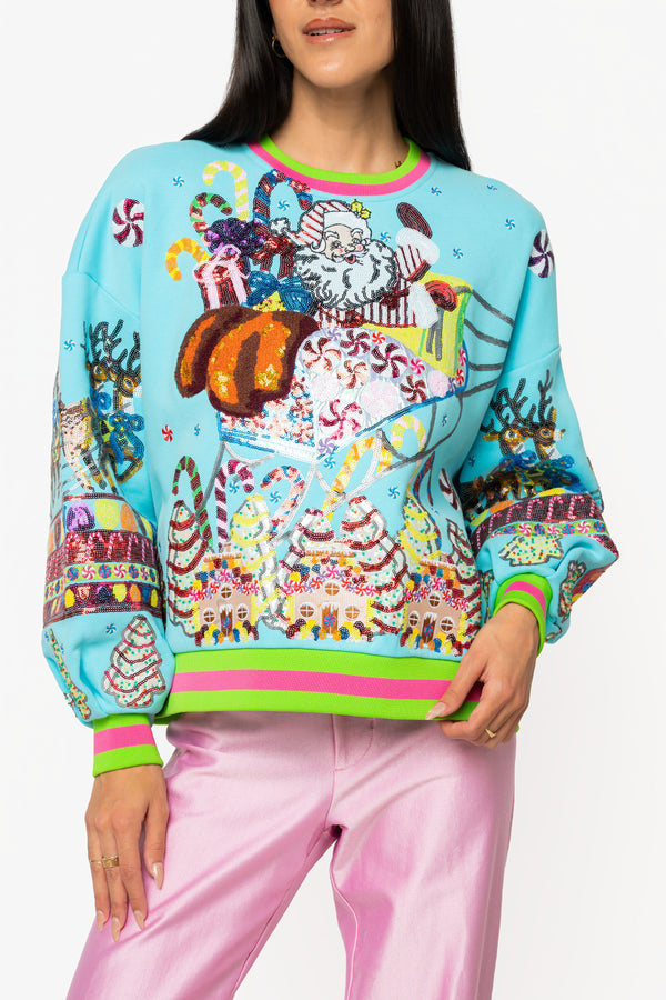 Aqua Vintage Santa Gingerbread House Sweatshirt- (Women's)