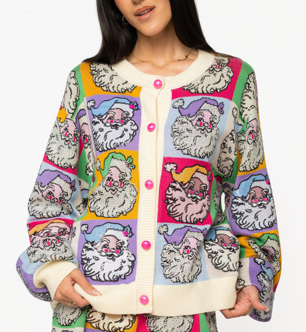 Pastel Colorblock Santa Button Up Cardigan- (Women's)