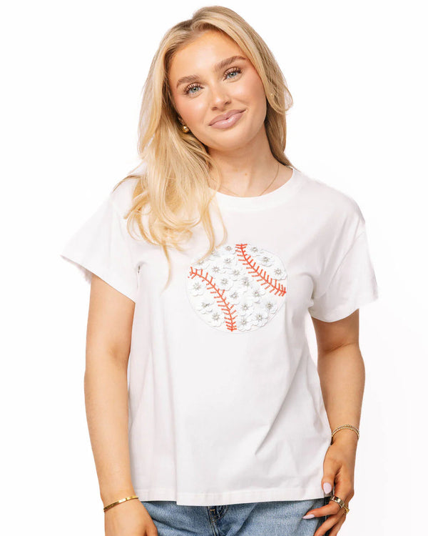 White Flower Baseball Tee- (Women's)